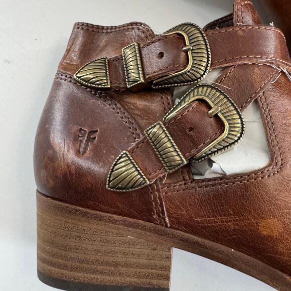 Frye Ray Women's 7.4 Brown Leather Western Boots Buckle Block Heel Ankle - Picture 7 of 8